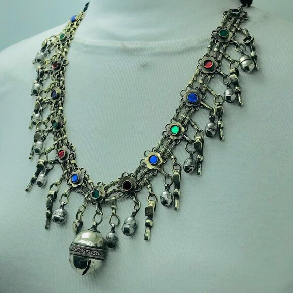 Vintage Bells Tribal Afghan Bib Necklace Silver Kuchi Bib Necklace With Bells - Picture 6 of 12
